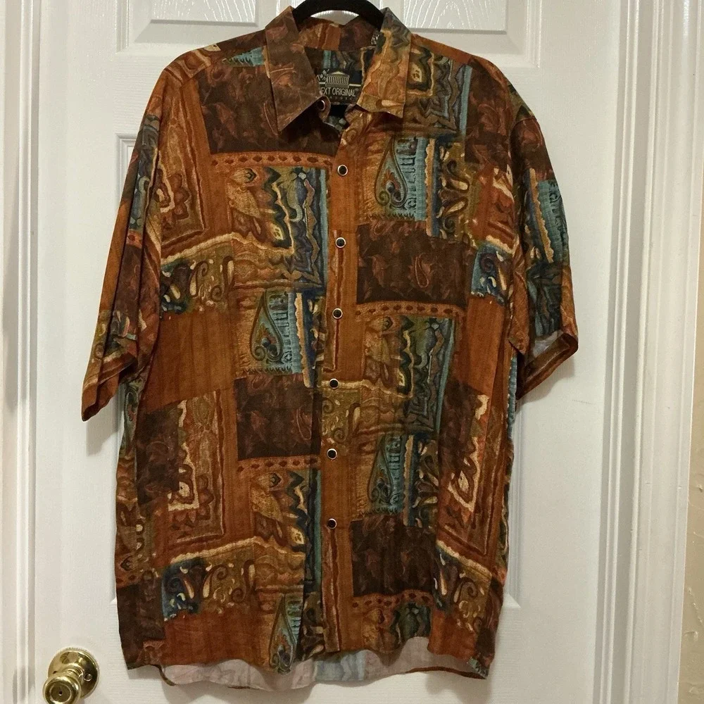 Next Original Classic Button Down Shirt Short Sleeve L Browns Abstract Print Men